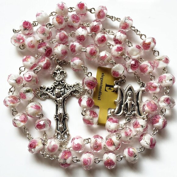 Rose Pink Veluriyam Rosary Beads Catholic Necklace Gift Box - Picture 4 of 9